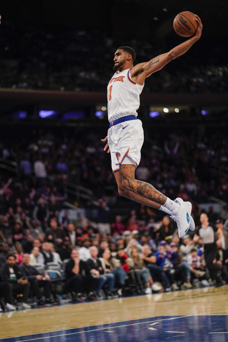 New York Knicks forward Obi Toppin leaps to dunk against the Indiana Pacers during the second half of a preseason NBA basketball game Friday, Oct. 7, 2022, in New York. (AP Photo/Eduardo Munoz Alvarez)