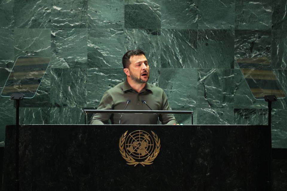 President of Ukraine Volodymyr Zelensky speaks during the United Nations General Assembly (UNGA) at the United Nations headquarters on September 19, 2023 in New York City. (Photo by Michael M. Santiago/Getty Images)