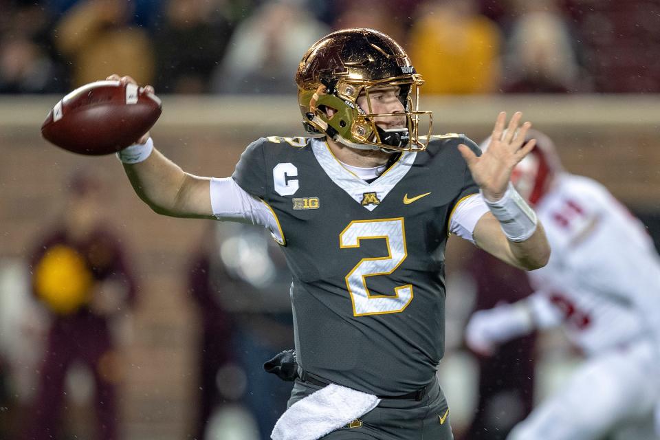 Minnesota Golden Gophers quarterback Tanner Morgan drops back for a pass in the first quarter against the Indiana Hoosiers at TCF Bank Stadium.