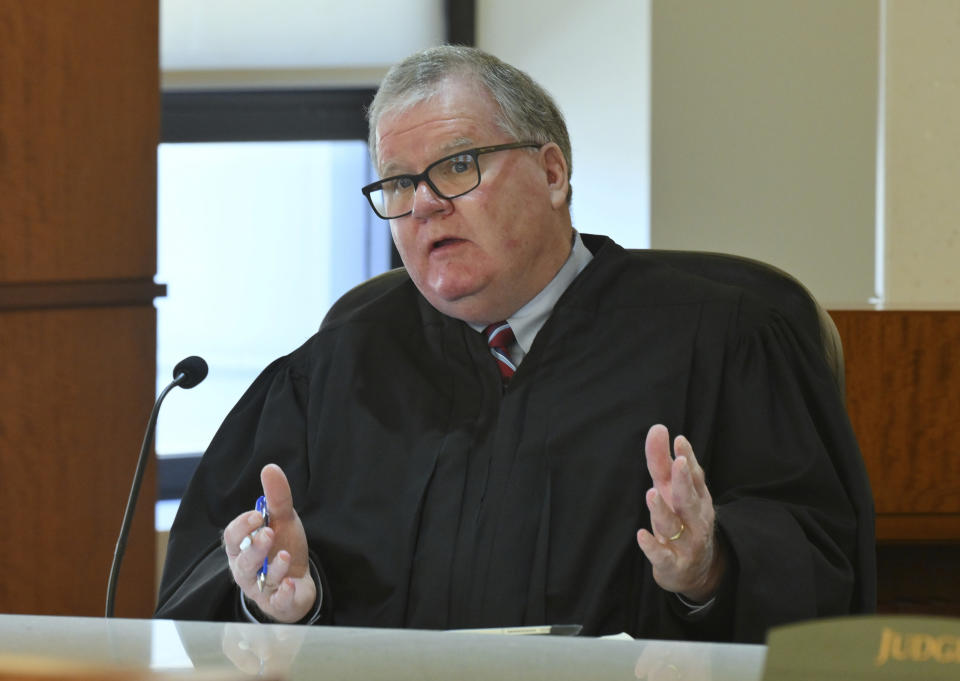 Michigan Court of Appeals judge Michael Riordan speaks during a hearing of James and Jennifer Crumbley by the Michigan Court of Appeals, on whether there is enough evidence for the Crumbleys to stand trial for involuntary manslaughter in the Oxford High School shooting by their son Ethan, in Detroit, on Tuesday, March 7, 2023. (Daniel Mears/Detroit News via AP, Pool)
