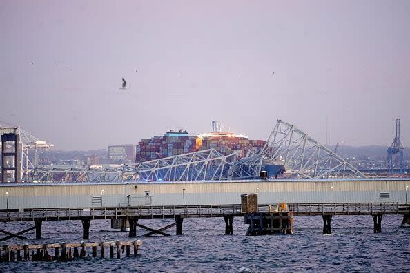 The Dali container vessel after striking the Francis Scott Key Bridge that collapsed into the Patapsco River in Baltimore, Maryland, US, on Tuesday, March 26, 2024. The commuter bridge collapsed after being rammed by the Dali ship, causing vehicles to plunge into the water. Photographer: Al Drago/Bloomberg via Getty Images