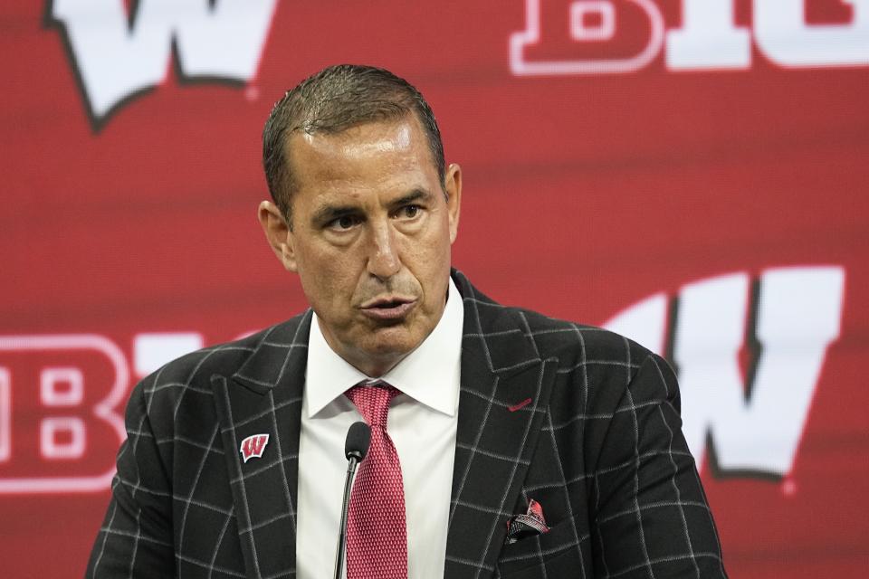 Wisconsin head coach Luke Fickell speaks during an NCAA college football news conference at the Big Ten Conference media days at Lucas Oil Stadium, Thursday, July 27, 2023, in Indianapolis. (AP Photo/Darron Cummings)