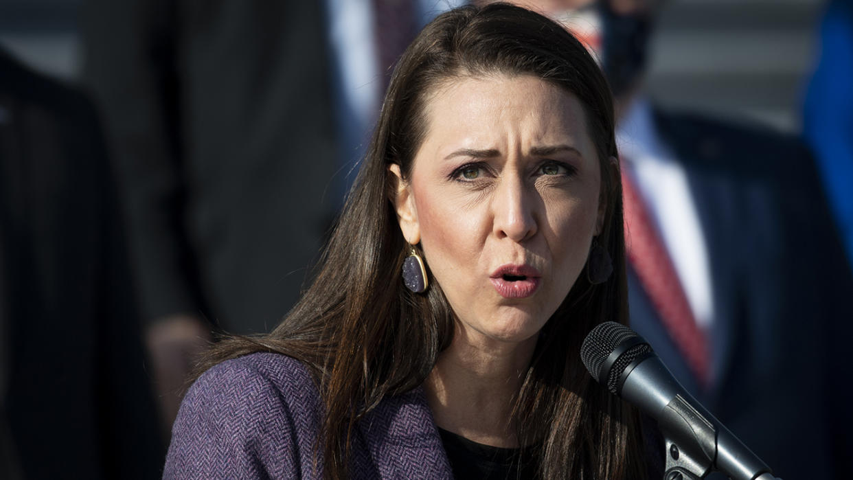 Rep. Jaime Herrera Beutler, R-Wash., speaks during a news conference on the House steps in Washington In December. (Caroline Brehman/CQ-Roll Call via Getty Images)