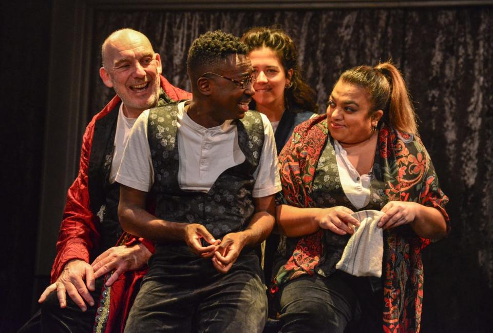 Martin Hyder, Kwaku Mills, Norah Lopez-Holden and Rina Fatiana in The Art of Illusion at Hampstead Theatre (Robert Day)