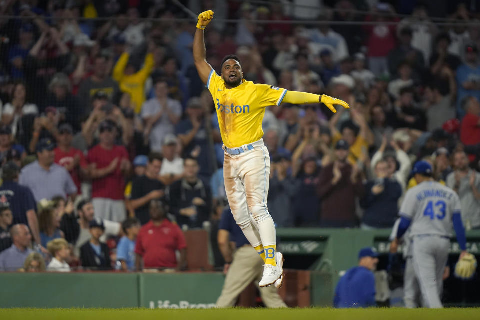 Boston Red Sox's Pablo Reyes celebrates as he runs the bases toward home after hitting a walkoff grand slam to end a baseball game with a win over the Kansas City Royals, Monday, Aug. 7, 2023, in Boston. (AP Photo/Steven Senne)