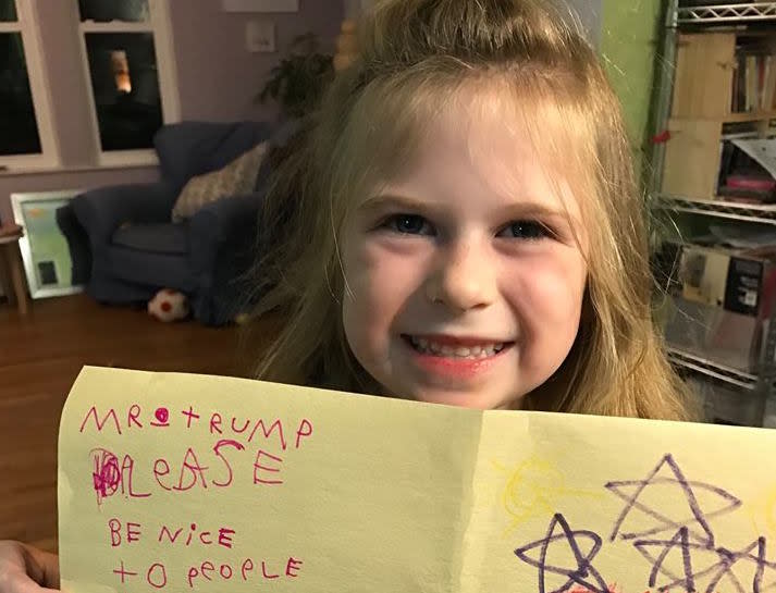 A little girl sends a message to Donald Trump. (Photo: Courtesy of Dear President Trump: Letters from Kids About Kindness/Facebook)