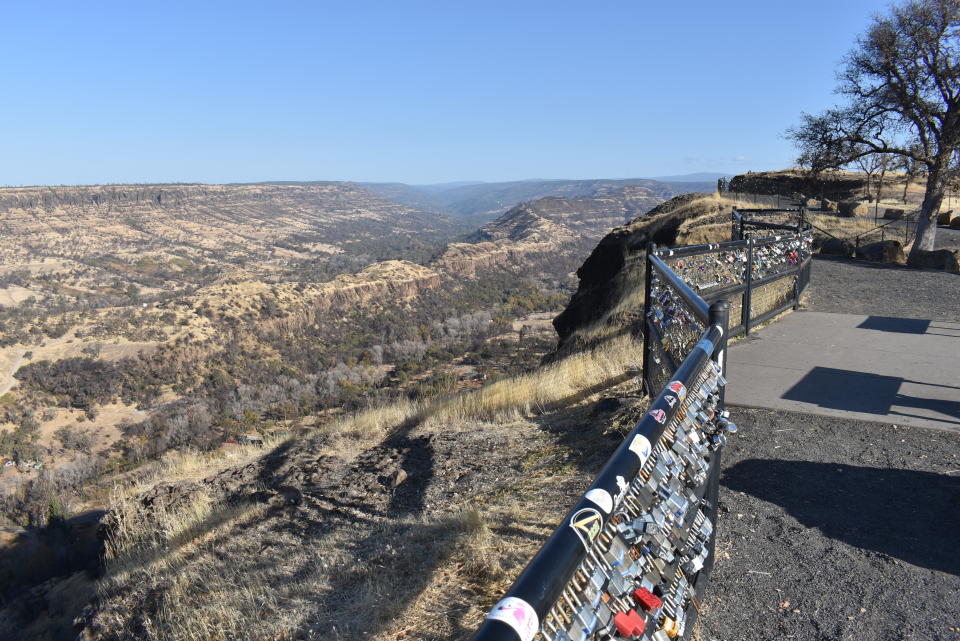 This Friday, Nov. 22, 2019, photo shows the view from Elizabeth Watling's backyard overlooking Butte Creek Canyon, which was burned in a 2018 wildfire that destroyed the nearby town of Paradise, Calif. Watling is participating in a University of California, Davis study of the health impacts of inhaling smoke from the fire that killed 85 people and destroyed more than 14,000 homes. (AP Photo/Matthew Brown)