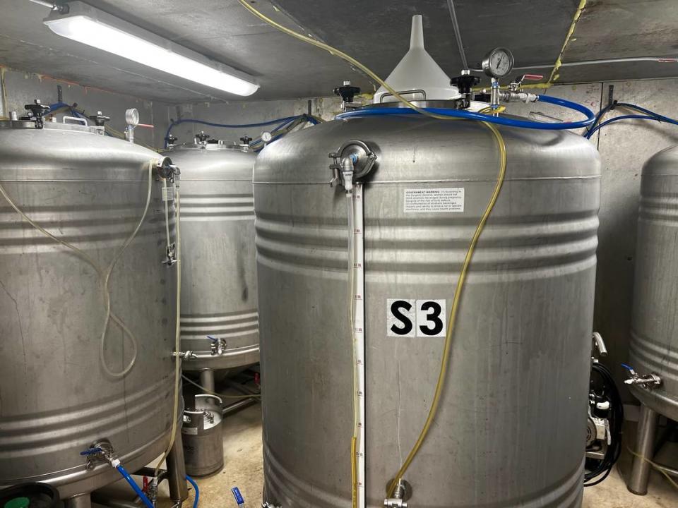Beer gets pushed through lines to these keg-like tanks after the fermentation process is complete.