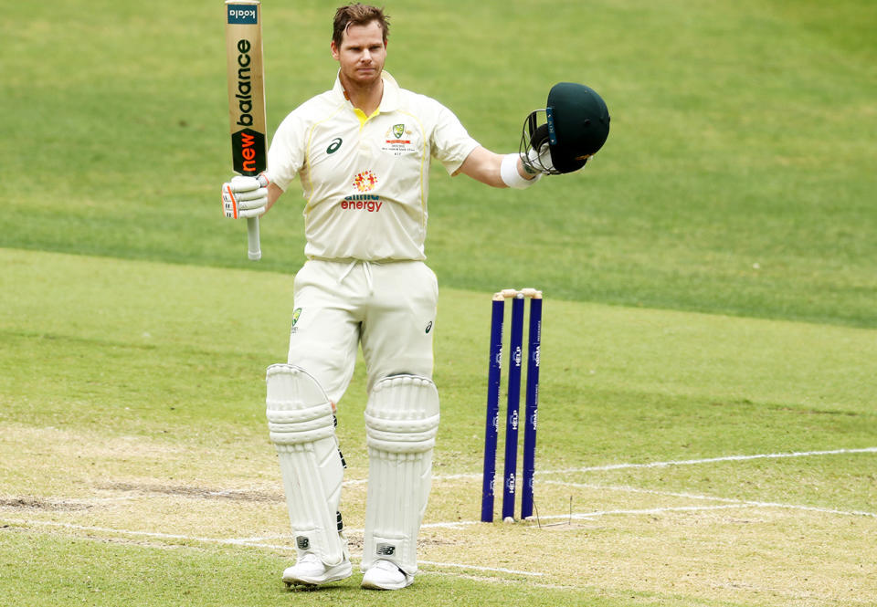 Steve Smith, pictured here raising his bat after reaching 200 against the West Indies.