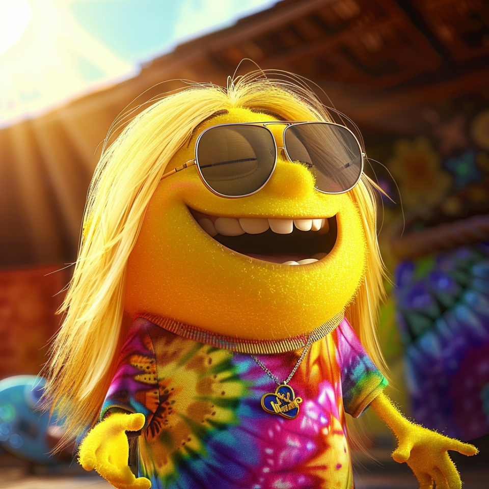 character with long blond hair and sunglasses, wearing a tie-dye shirt and peace sign necklace, smiles under the sun