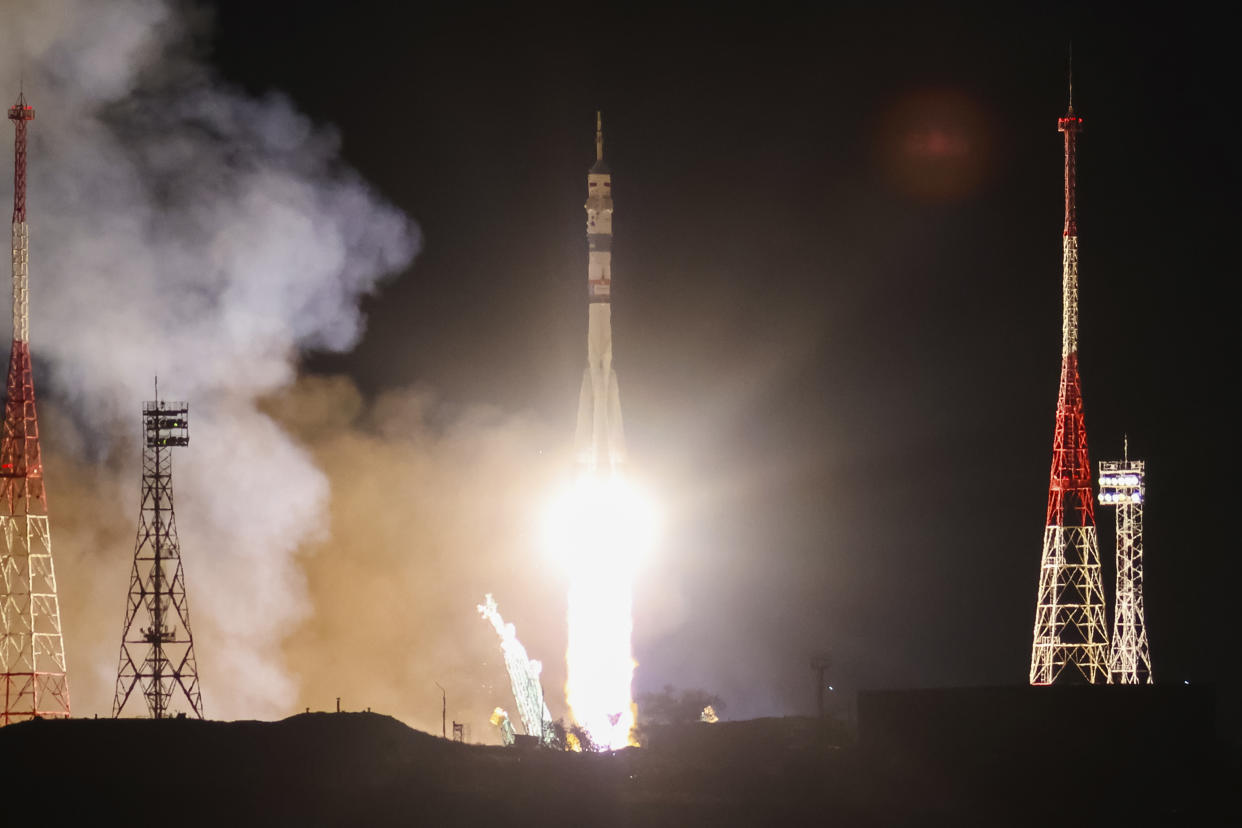 In this photo released by Roscosmos space corporation, the Soyuz-2.1 rocket booster with Soyuz MS-26 space ship carrying Roscosmos cosmonauts Alexey Ovchinin, Ivan Vagner and NASA astronaut Don Pettit, a new crew to the International Space Station, ISS, blasts off in the Russian leased Baikonur cosmodrome, Kazakhstan, Wednesday, Sept. 11, 2024. (Ivan Timoshenko, Roscosmos space corporation, via AP)