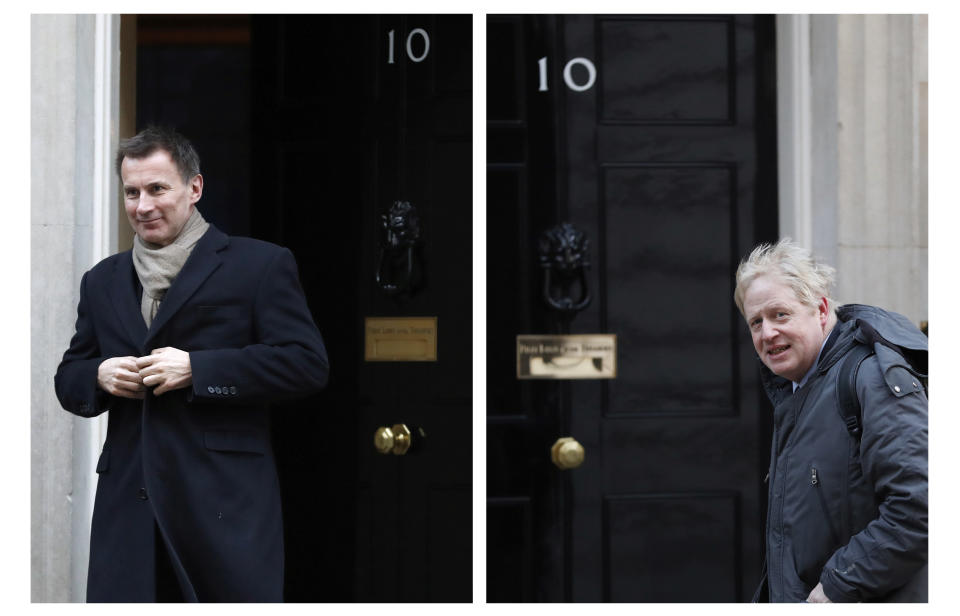 FILE - In this two photo file combo image, Jeremy Hunt, left, and Boris Johnson, right, pictured outside 10 Downing Street, who are the final two contenders for leadership of the Conservative Party, it is announced Thursday June 20, 2019. Following elimination votes Britain's Conservative Party members will vote for the final two contenders with the winner due to replace Prime Minister Theresa May as party leader and prime minister. (AP Photo FILE/Alastair Grant, Alastair Grant)