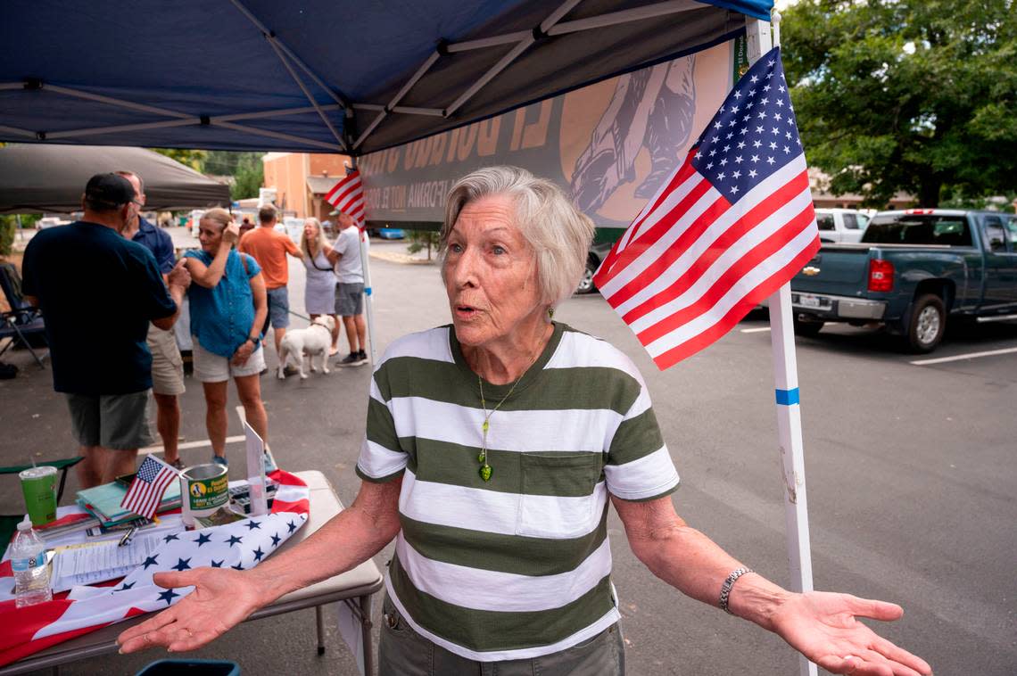 Sharon Durst, leader of the secessionist El Dorado state movement, talks at their booth in Placerville on Saturday, Sept. 13.