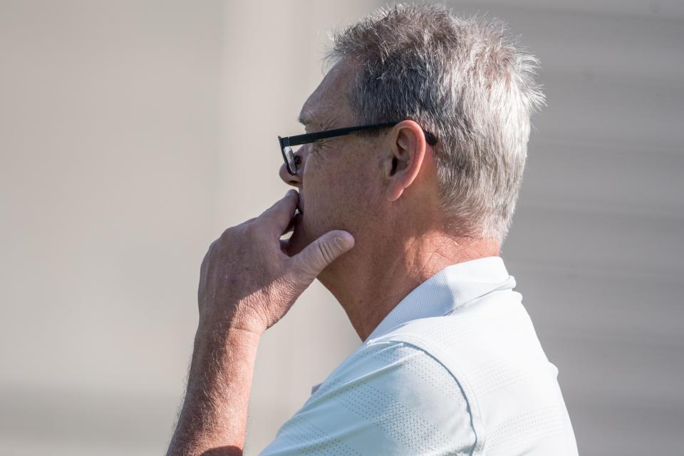 Larry Kehres, Matt Campbell's College Football Hall of Fame coach at Mount Union, watches an Iowa State practice in 2018.