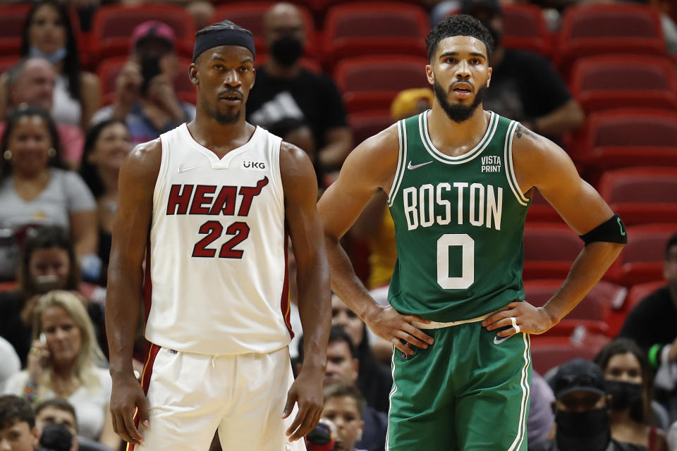 Jimmy Butler&#39;s Miami Heat and Jayson Tatum&#39;s Boston Celtics meet in the Eastern Conference finals for the third time in four years. (Michael Reaves/Getty Images)