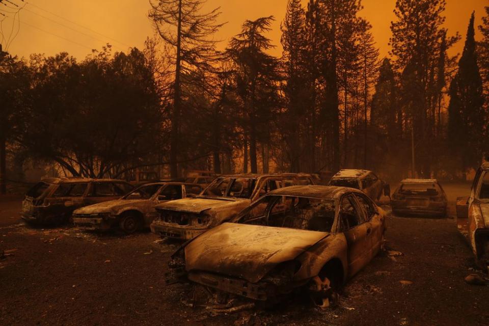 Burned vehicles during the Camp Fire in Paradise, Calif. on Nov. 8.