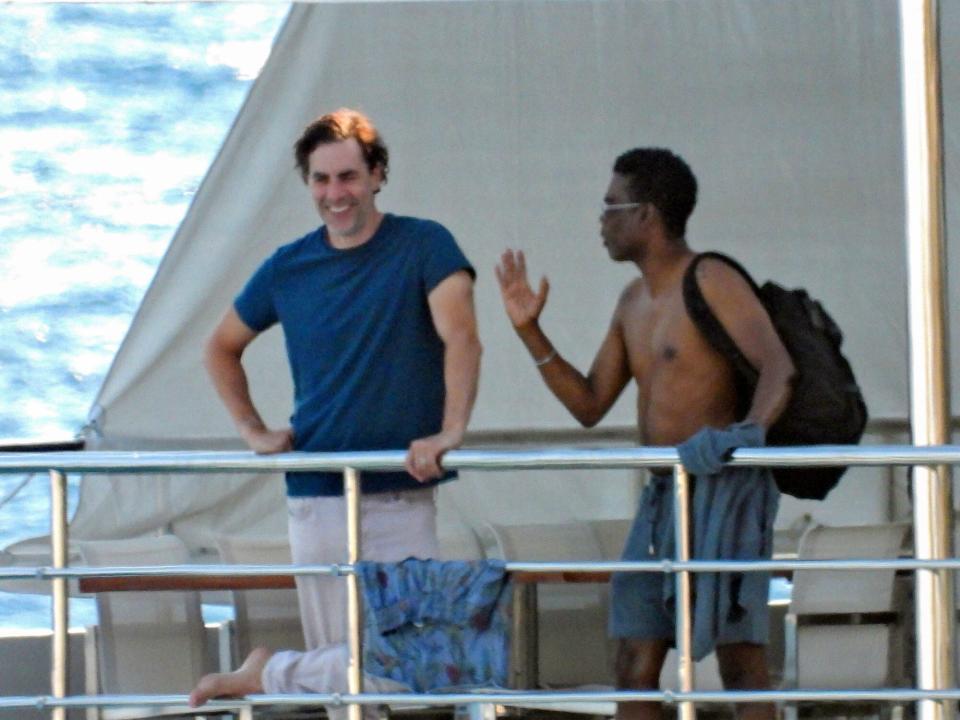 EXCLUSIVE: Sacha Baron Cohen and Chris Rock are seen having a conversation on the deck of a yacht. The Hollywood comedians are spending their summer vacation on the Adriatic on a luxury yacht. Chris Rock and his new girlfriend, actress Lake Bell, confirmed their relationship in Croatia during a romantic stroll through Trogir. Now they are spotted enjoying the company of friends. Pictured: Sacha Baron Cohen,Chris Rock Ref: SPL5327011 180722 EXCLUSIVE Picture by: Matija Habljak/PIXSELL / SplashNews.com Splash News and Pictures USA: +1 310-525-5808 London: +44 (0)20 8126 1009 Berlin: +49 175 3764 166 photodesk@splashnews.com Australia Rights, Indonesia Rights, India Rights, South Korea Rights, Malaysia Rights, Norway Rights, Singapore Rights, Taiwan Rights, United Kingdom Rights, United States of America Rights