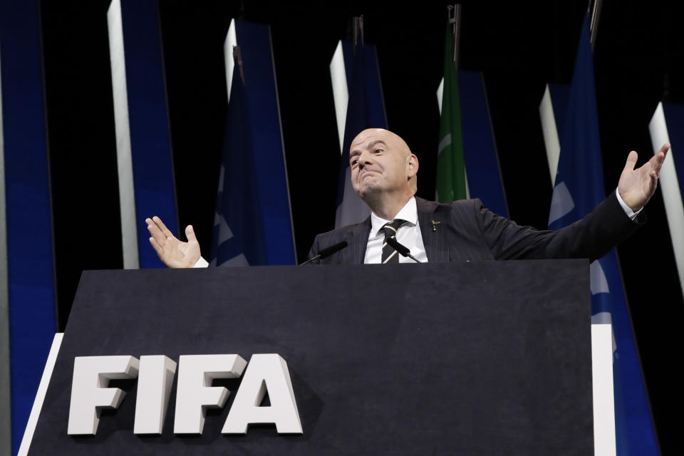 FIFA President Gianni Infantino gestures as he walks on the stage before the start of the 69th FIFA congress in Paris, Wednesday, June 5, 2019. (AP Photo/Alessandra Tarantino)