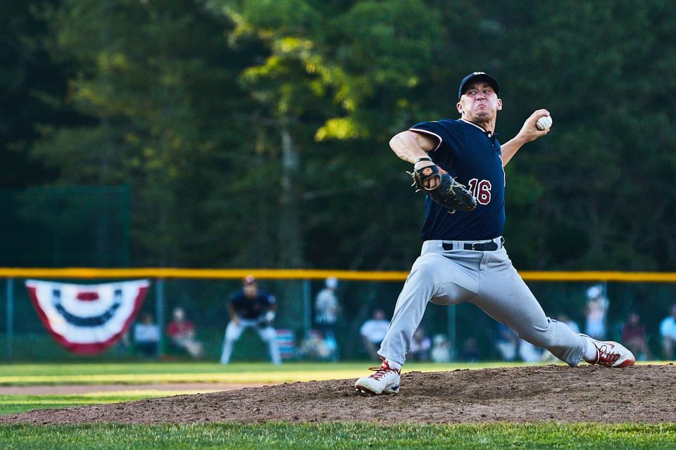 In 2021, Geoffrey Gilbert pitches for the Wareham Gatemen at the Cape League opener at Lowell Park against the Cotuit Kettleers.