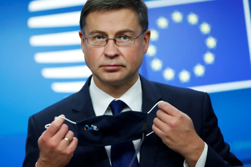 European Commission Vice-President Valdis Dombrovskis holds a news conference in Brussels