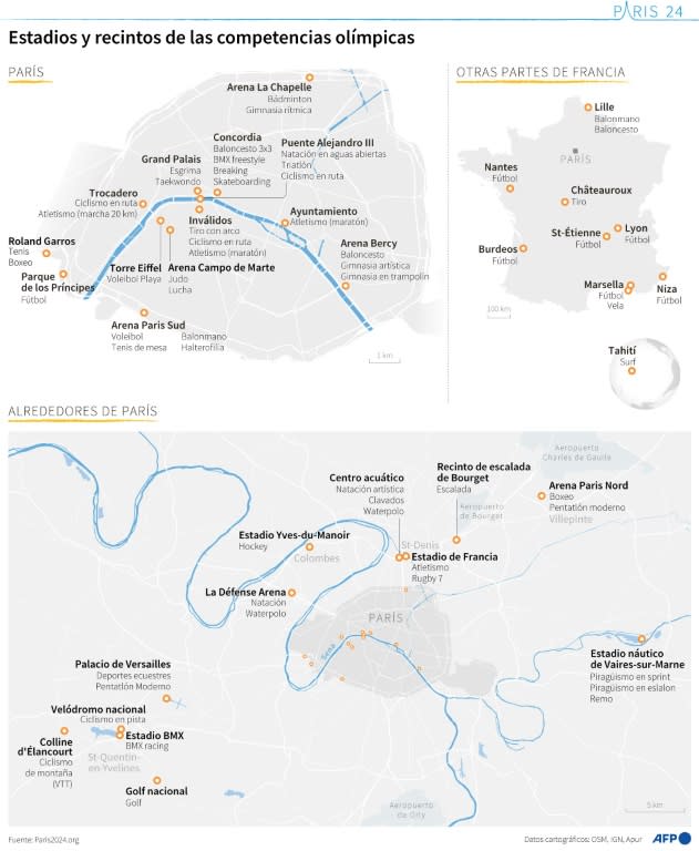 Los recintos deportivos y estadios previstos para las competencias de los Juegos Olímpicos de 2024 en Francia, con detalle de las disciplinas (Sylvie Husson, Paz Pizarro)