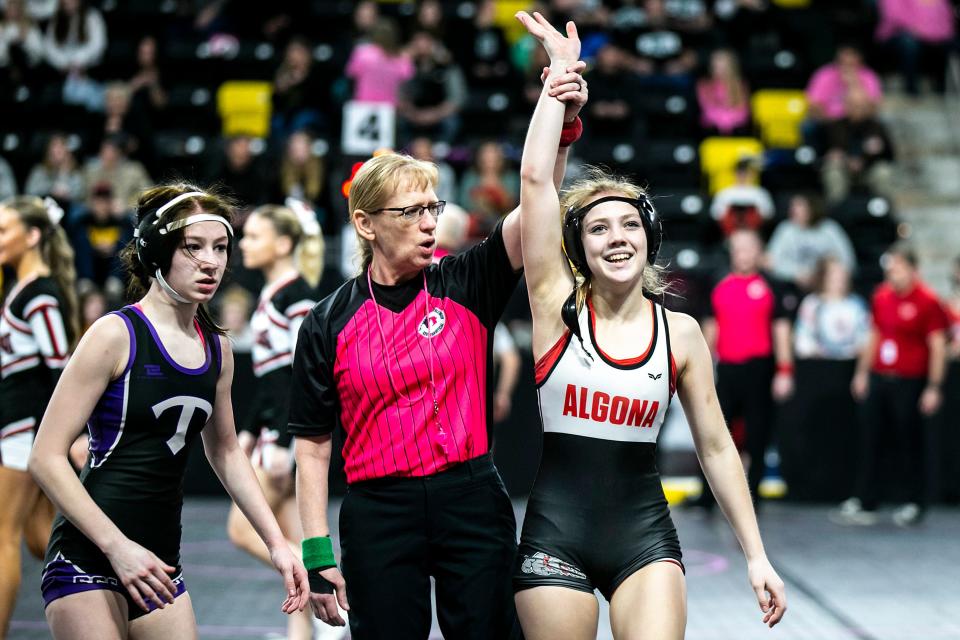 Algona's Harley Tobin, seen here at the 2023 IGHSAU girls state wrestling tournament, took first at 105 pounds during the Central Iowa Kickoff Girls Wrestling Tournament at the Nevada High School Field House on Saturday, Nov. 18.