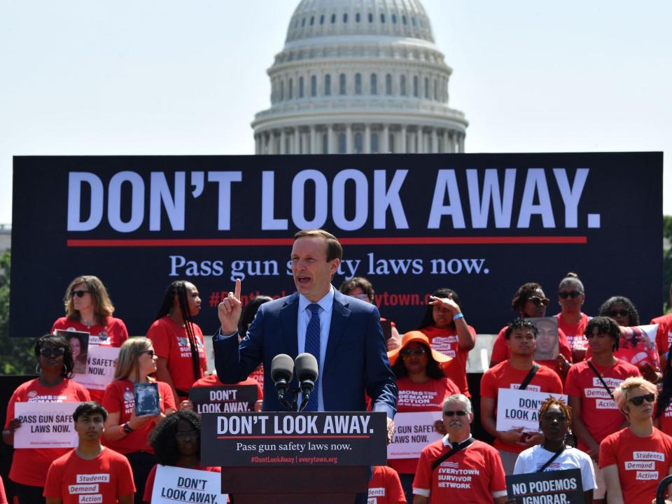 US Sen. Chris Murphy speaks during a gun protest in 2022.