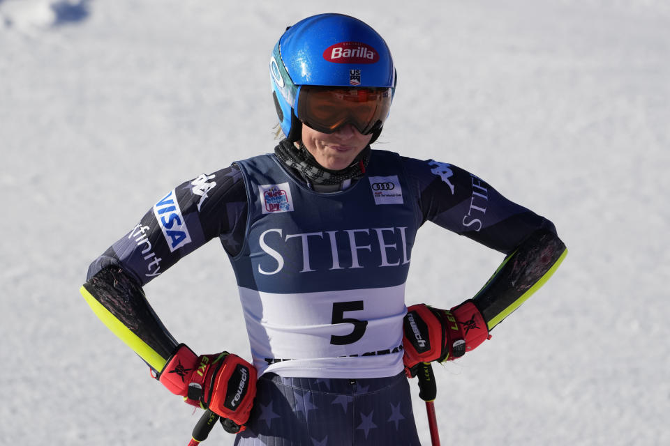 United States' Mikaela Shiffrin reacts after her second run in a World Cup giant slalom skiing race Saturday, Nov. 26, 2022, in Killington, Vt. (AP Photo/Robert F. Bukaty)