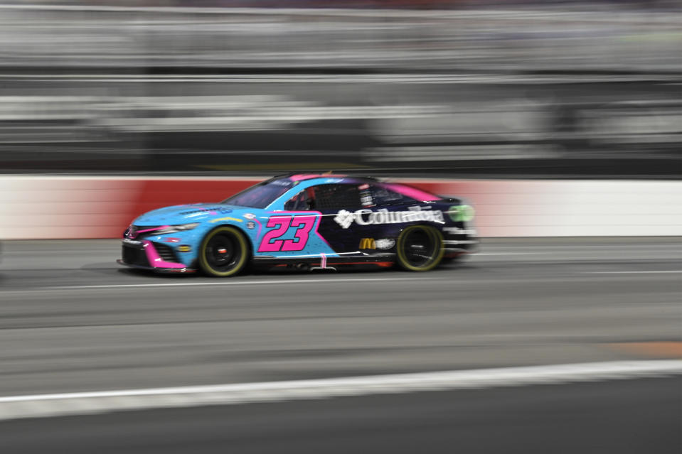 Bubba Wallace (23) competes during the NASCAR All-Star Cup Series auto race at North Wilkesboro Speedway, Sunday, May 21, 2023, in North Wilkesboro, N.C. (AP Photo/Matt Kelley)