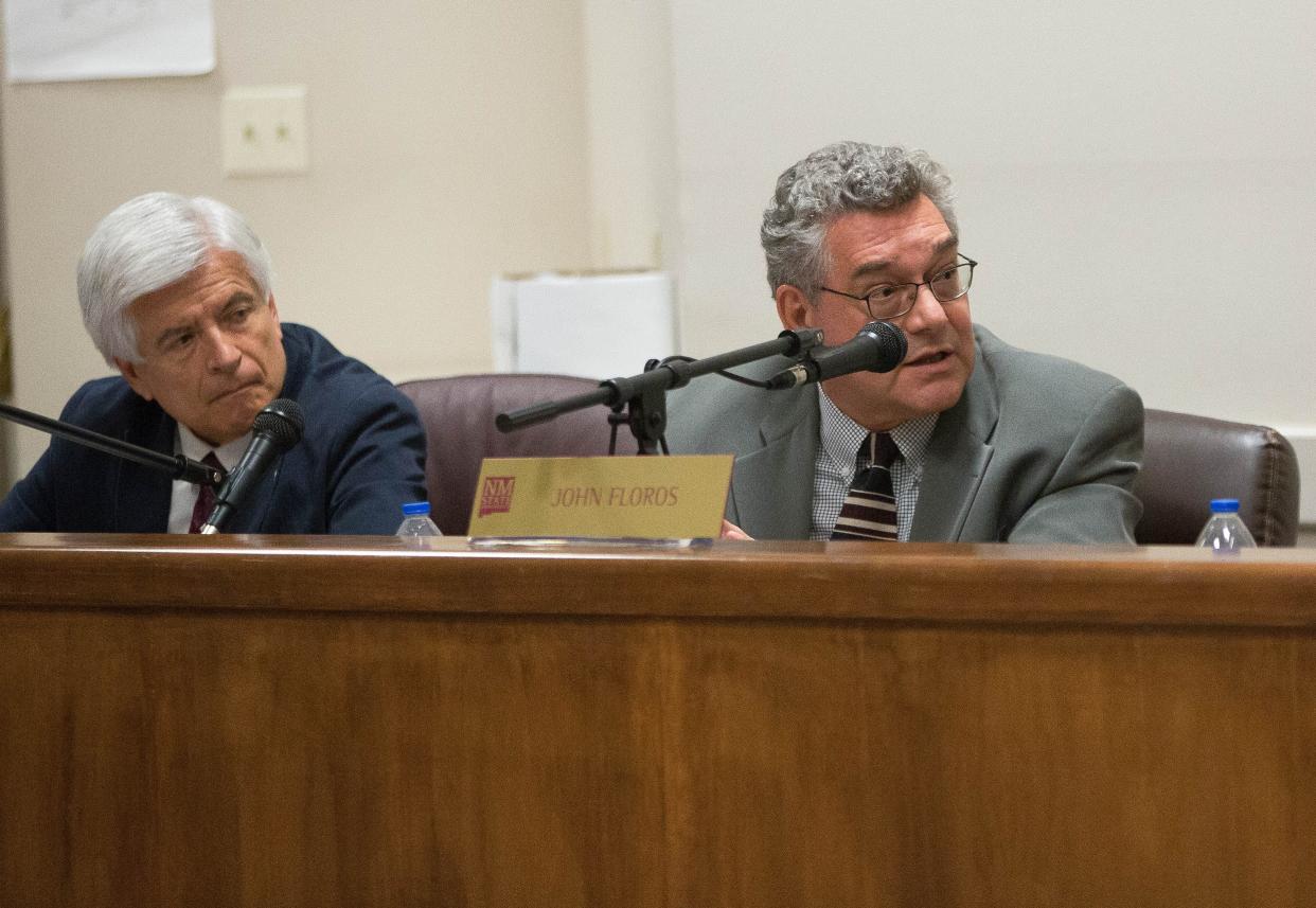 New Mexico State University Chancellor Dan Arvizu, left, and President John Floros, participate Wednesday, Oct. 3, in a 2018 NMSU Board of Regents Meeting where athletics funding and a large marketing study were discussed.