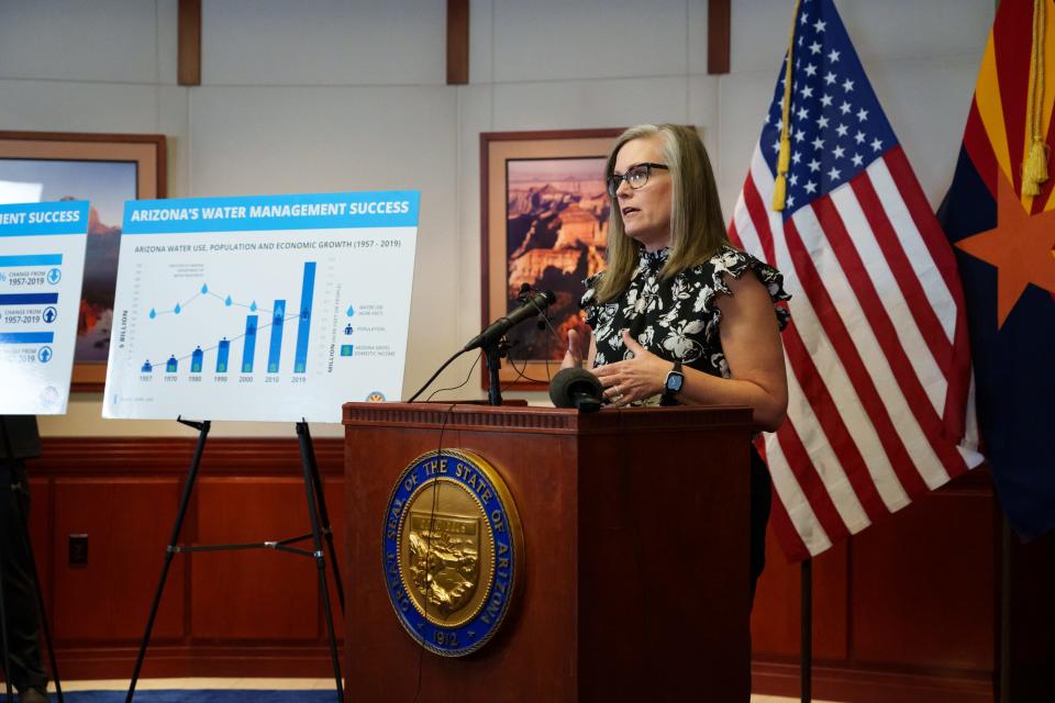 Gov. Katie Hobbs speaks to the press during a weekly news conference at the state Capitol on June 1, 2023, in Phoenix.