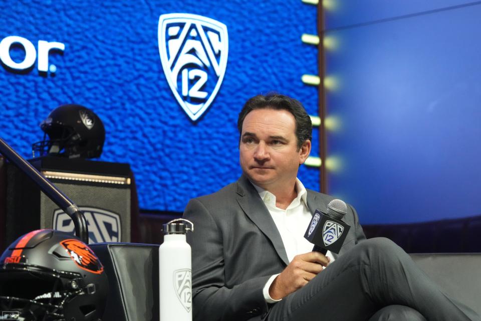 Oregon State Beavers coach Jonathan Smith speaks during Pac-12 Media Day at Resorts World Las Vegas on July 21.