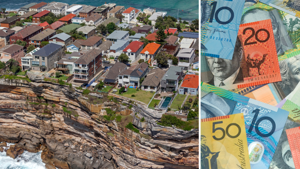 Composite image of houses on a cliff and Australian money to signify a mortgage cliff.