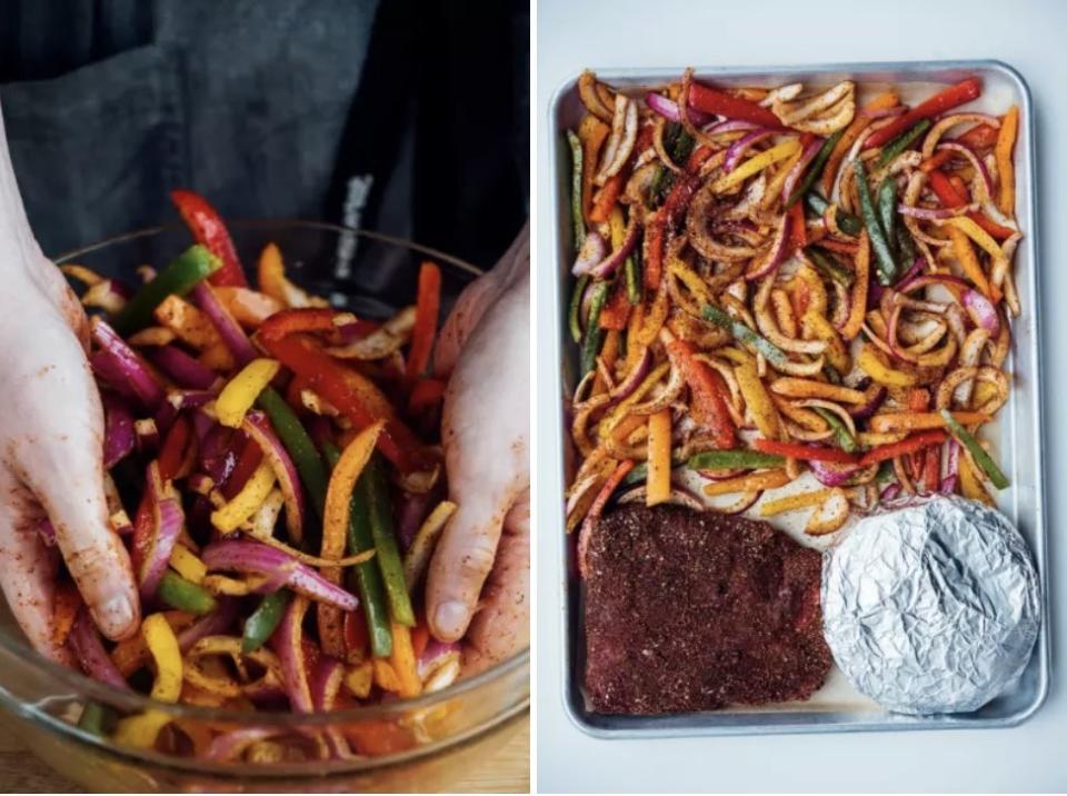 Just pile chopped veggies and seasoned flank steak onto a sheet tray, then pop foil-wrapped tortillas in at the end to warm them through. Recipe: Family-Style Sheet Pan Taco Night