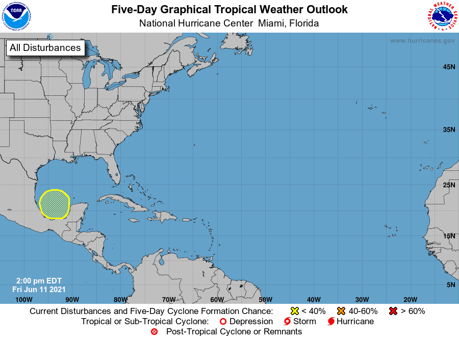 Forecasters from the National Hurricane Center are watching an area in the Gulf of Mexico (yellow circle) for potential tropical development over the next five days.