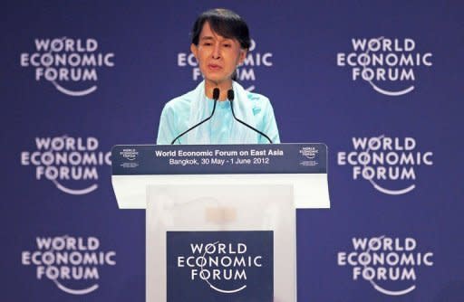 Myanmar democracy icon Aung San Suu Kyi speaks during the 21st World Economic Forum on East Asia in Bangkok. Suu Kyi urged Myanmar's government to carry out urgent judicial reform to cement recent political progress and foster clean investment in the country