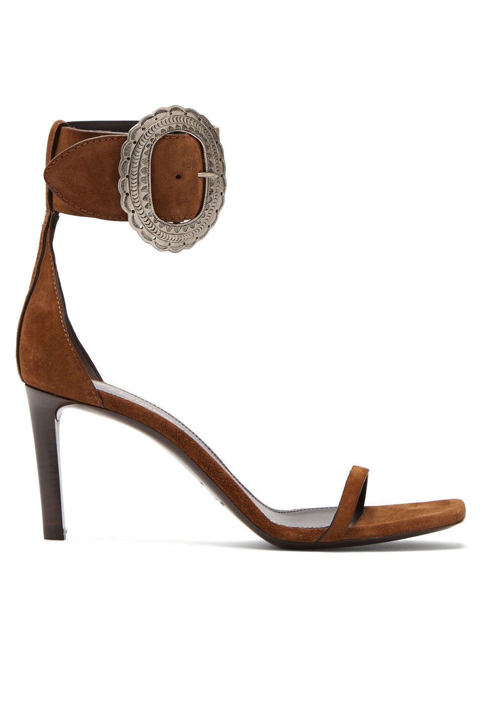 <p><a class="link " href="https://www.matchesfashion.com/products/Saint-Laurent-Joplin-suede-sandals-1251053" rel="nofollow noopener" target="_blank" data-ylk="slk:SHOP NOW;elm:context_link;itc:0;sec:content-canvas">SHOP NOW</a></p><p>Saint Laurent mixes the Western trend with the square toe.</p><p><em>Suede sandals, £685, Saint Laurent at Matches Fashion</em></p>