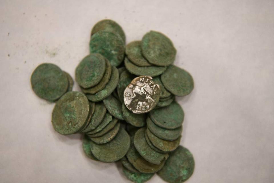 Some of the Roman silver coins unearthed in Dolj county.