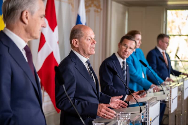(L-R) Norwegian Prime Minister Jonas Gahr Store, German Chancellor Olaf Scholz, Swedish Prime Minister Ulf Kristersson, Danish Prime Minister Mette Frederiksen and Finnish Prime Minister Petteri Orpo speak during a press conference after the Nordic Council meeting in Sweden. Michael Kappeler/dpa