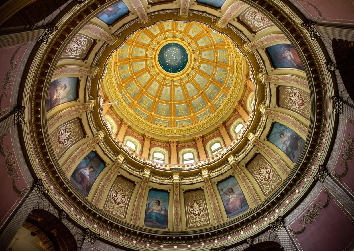 A view from the fourth floor of the rotunda of the state Capitol toward the oculus at the top of the inner dome, seen Monday, June 5, 2023. Below the oculus are the eight 1886 allegorical paintings by Italian artist Tommaso Juglaris. The paintings will be restored this summer.