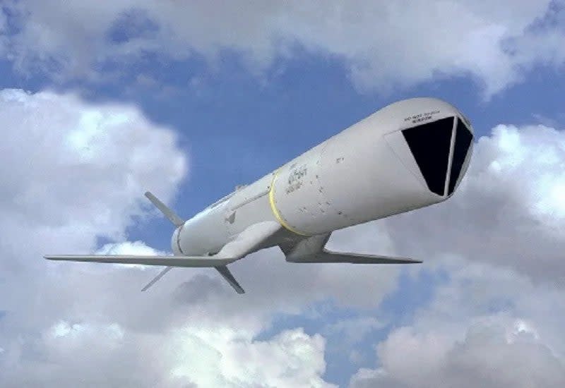 A rendering of a SLAM-ER missile as it appears after launch with its pop-out wings deployed. <em>Boeing</em>