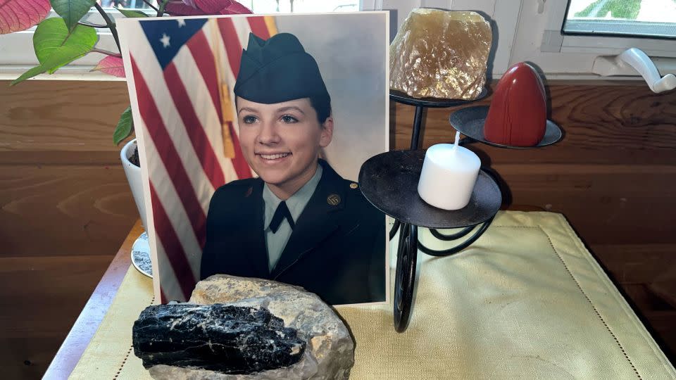 “Sometimes I look at this photo… and it’s like, I’m still pulling for you kid,” says Norenberg, referring to a photo of herself in uniform, who says she was raped while at bootcamp. - Audrey Ash