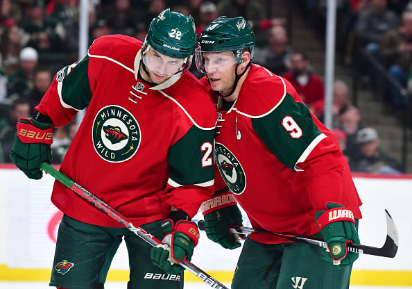 ST. PAUL, MN - JANUARY 26: Minnesota Wild Center Mikko Koivu (9) discusses strategy with Minnesota Wild Left Wing Nino Niederreiter (22) before a face-off during a NHL game between the Minnesota Wild and St. Louis Blues on January 26th, 2017 at the Xcel Energy Center in St. Paul, MN. The Wild defeated the Blues 5-1.(Photo by Nick Wosika/Icon Sportswire via Getty Images)