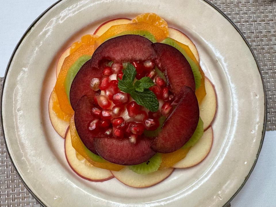 plate of artful fruist on a plate at anayela riad in morocco