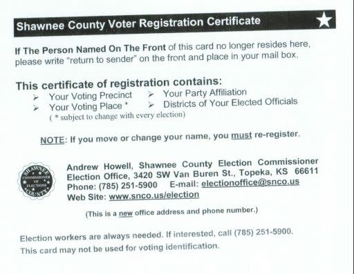 Kansas Secretary of State Kris Kobach (R) failed to ensure that voters affected by a 2016 court ruling received postcards like this one confirming their eligibility to vote. The former head of the Kansas League of Women Voters testified that the postcard "is the way we think about being fully&nbsp;registered in Kansas." (Photo: ACLU)