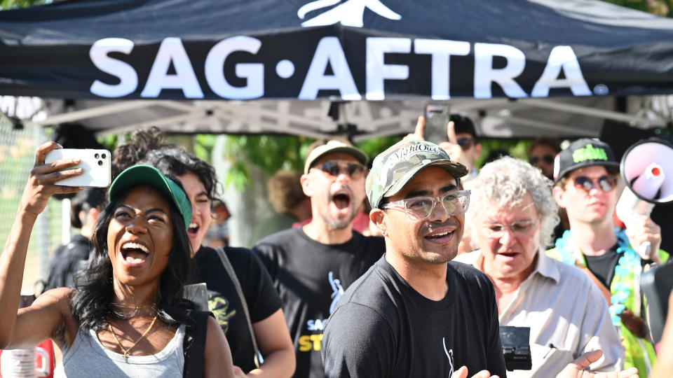 SAG-AFTRA and WGA Members and Supporters walks the picket line in support of the SAG-AFTRA and WGA strike at the Netflix Studios on July 14, 2023 in Los Angeles, California.