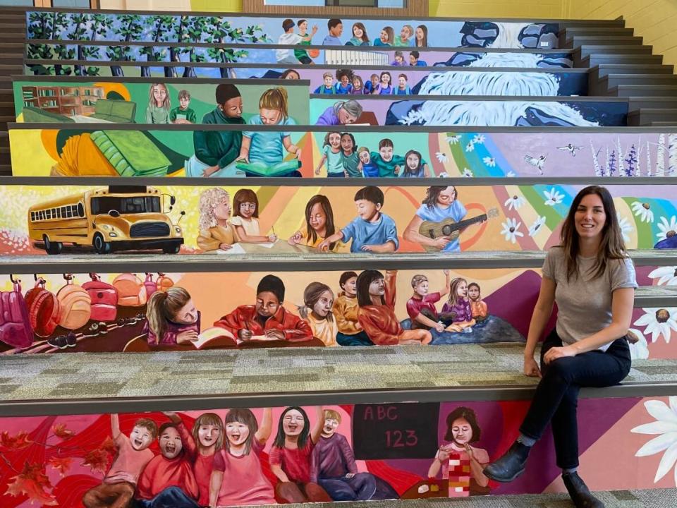 Laura Forrester has spent around 10 weeks working on this mural at Hanwell Park Academy. It is finally nearing completion. (Submitted by Laura Forrester - image credit)