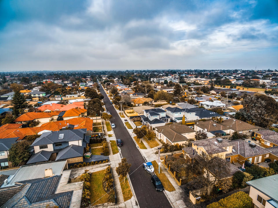 Aerial photo showing homes in the the centre of an Australian town.