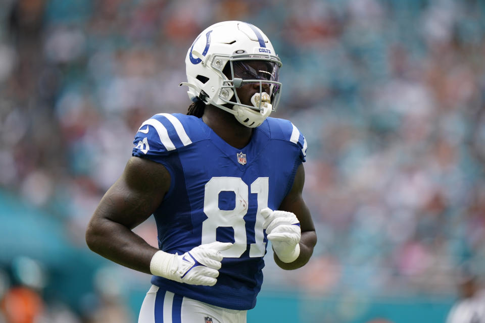 Indianapolis Colts tight end Mo Alie-Cox (81) runs on the field during the first half of an NFL football game against the Miami Dolphins, Sunday, Oct. 3, 2021, in Miami Gardens, Fla. (AP Photo/Lynne Sladky)