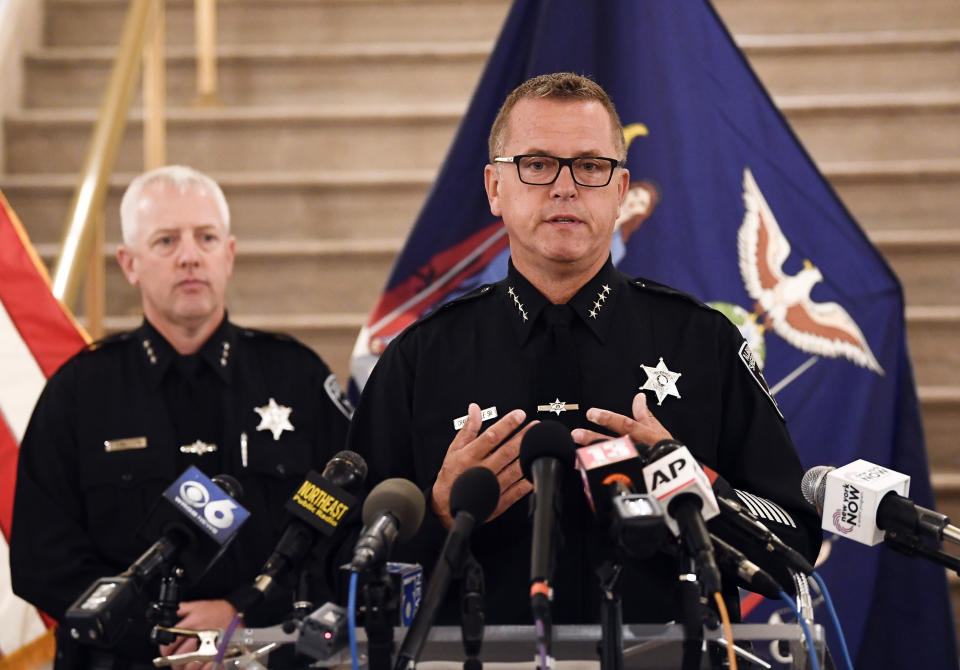 Albany County Sheriff Craig D. Apple speaks during a news conference concerning new complaint allegations against New York Gov. Andrew Cuomo Saturday, Aug. 7, 2021, in Albany, N.Y. Cuomo has faced renewed calls to step down after an independent investigation overseen by the state attorney general’s office concluded he sexually harassed 11 women and worked to retaliate against one of his accusers. (AP Photo/Hans Pennink)